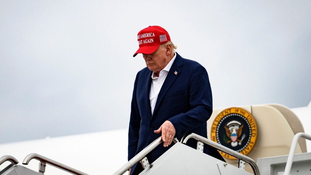 President Donald Trump arrives at Joint Base Andrews in Maryland, Aug. 16, 2026. On Monday, the day his already crumbling deal with Iran officially ended, President Trump lashed out at American ally Oman, repeating a threat to bomb the country if it interferes with U.S. negotiations with Iran. (Al Drago/The New York Times)