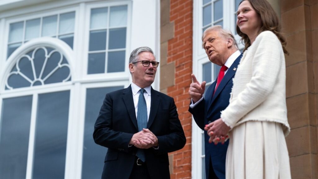 President Donald Trump, center, welcomes British Prime Minister Keir Starmer and his wife, Victoria Starmer, to the Trump Turnberry golf resort in Turnberry, Scotland, on July 28, 2025. Prosecutors will seek to prove that members of Palestine Action who they say painted “Gaza is not 4 sale” on the Scottish golf course last year committed acts connected to terrorism. (Tierney L. Cross/The New York Times)