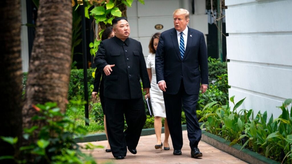President Donald Trump, right, walks with Kim Jong Un, the North Korean leader, as they head to a meeting in Hanoi, Vietnam, Feb. 28, 2019. Trump wants to curtail military exercises with South Korea, saying they were hostile to North Korea. But under Kim, the North has become increasingly belligerent toward the South. (Doug Mills/The New York Times)