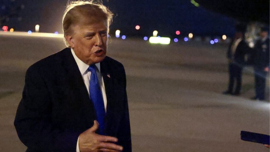 President Donald Trump speaks to the media upon arrival at Los Angeles International Airport before departing Los Angeles for Las Vegas, Nevada, in Los Angeles, California, U.S., August 4, 2026. (Reuters/Evelyn Hockstein)