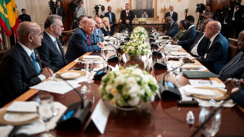 President Donald Trump, third from left, speaks during a lunch with African leaders, including President Joseph Boakai of Liberia, far right, in the State Dining Room of the White House in Washington on July 9, 2025. The first group of U.S. deportees arrived in Liberia on Thursday, Aug. 20, 2026, amid a growing backlash there, with critics saying the Liberian government’s deal with the Trump administration to accept 1,200 deportees is too large and too opaque. (Doug Mills/The New York Times)