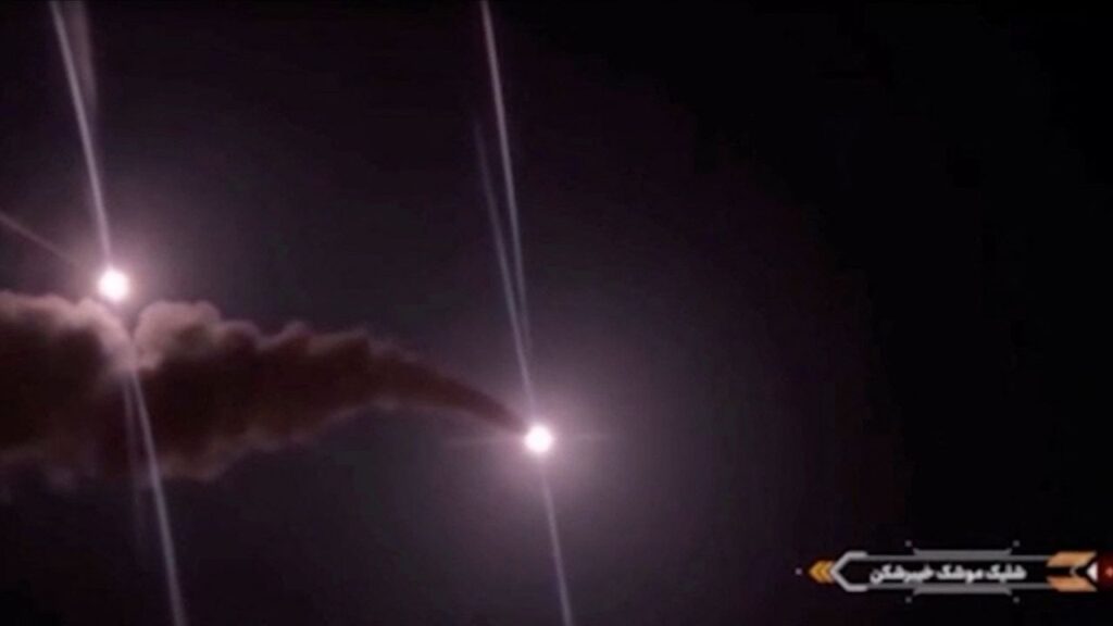Projectiles streak across the sky in this screengrab taken from footage published by Iranian authorities purporting to show missiles launched at US military targets in Jordan from an unknown location, released on August 31, 2026. Wana News Agency via REUTERS