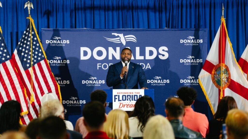 Rep. Byron Donalds (R-Fla.), a candidate for governor, campaigns in Naples, Fla., on Wednesday, Aug. 12, 2026. Donalds won the Republican primary for Florida governor on Tuesday, Aug. 18, 2026, but some in his party fret that his vote tally did not surpass 50 percent. (Martina Tuaty/The New York Times)