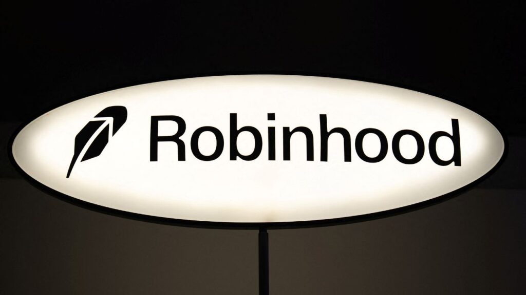 A Robinhood logo is displayed at the Robinhood Markets, Inc. event in New York City, U.S., March 4, 2026. (REUTERS/David 'Dee' Delgado)