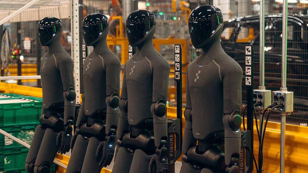 A bank of humanoid robots undergoing field tests, at the BMW manufacturing plant in Spartanburg, S.C. on June 30, 2026. Carmakers have used robots for decades, but they are usually powerful, one-armed machines that are fixed in place and perform repetitive tasks. Now, most major automakers are betting that humanoid robots can usher in a new wave of automation. (Will Crooks/The New York Times)