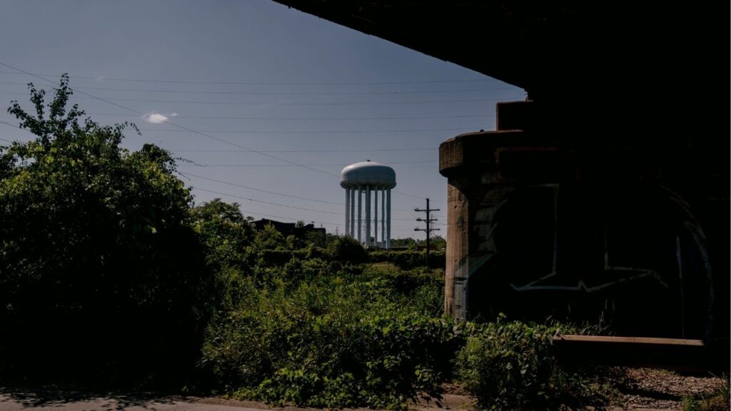 A water tower in Flint, Mich., Aug. 20, 2020. Michigan and Minnesota are among at least seven states coping with cyberattacks aimed at disrupting water systems nationwide. (Erin Kirkland/The New York Times)