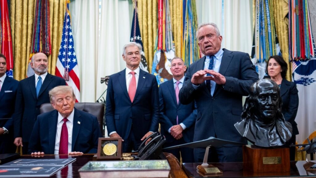 Secretary Of Health and Human Services Robert F. Kennedy Jr. speaks alongside President Donald Trump during an announcement on healthcare affordability in the Oval Office of the White House in Washington, on Monday, Aug. 31, 2026. (Doug Mills/The New York Times)
