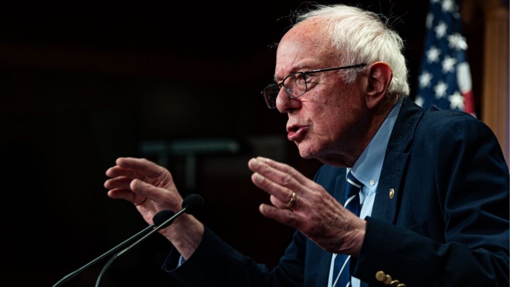 Sen. Bernie Sanders (I-VT) speaks about artificial intelligence on Capitol Hill in Washington on March 25, 2026. Sanders called on the nation’s top artificial intelligence companies to pause development of the technology, saying the corporations have already lost control of models that could cause “potentially cataclysmic results” for millions of people.(Tierney L. Cross/The New York Times)