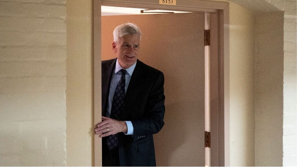 Sen. Bill Cassidy (R-La.) after speaking on the Senate floor about his stance on acting Attorney General Todd Blanche’s nomination on Capitol Hill in Washington, on Friday, Aug. 7, 2026. Cassidy said on the Senate floor that he would support Todd Blanche’s nomination as attorney general, making it more likely that Blanche will be confirmed by the Senate. (Alex Kent/The New York Times)