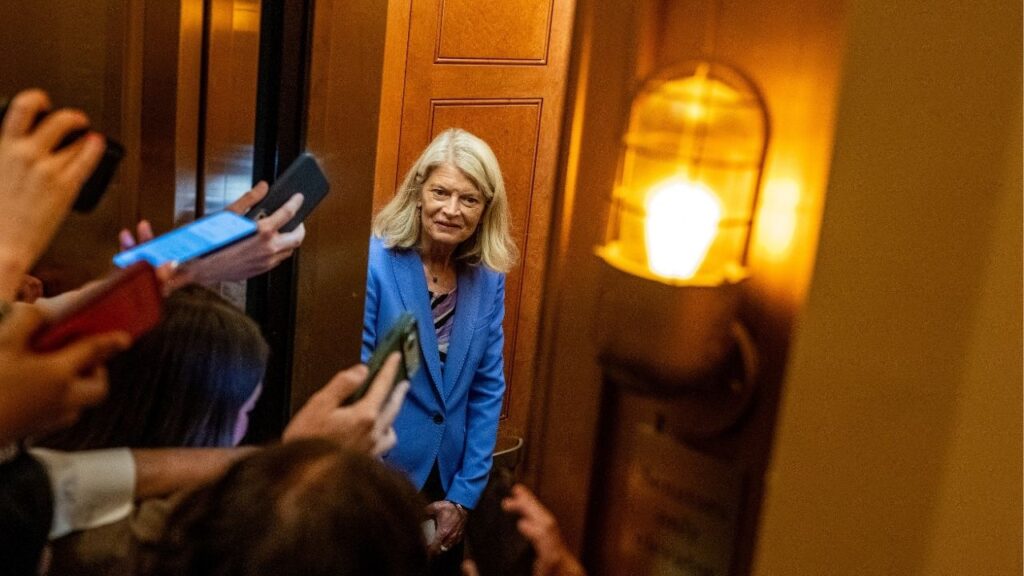 Sen. Lisa Murkowski (R-Alaska) speaks to reporters as she boards an elevator on Capitol Hill in Washington, on Thursday, Aug. 6, 2026. Murkowski said on Friday that she would oppose Todd Blanche’s nomination as attorney general, further imperiling his chances of confirmation. (Alex Kent/The New York Times)