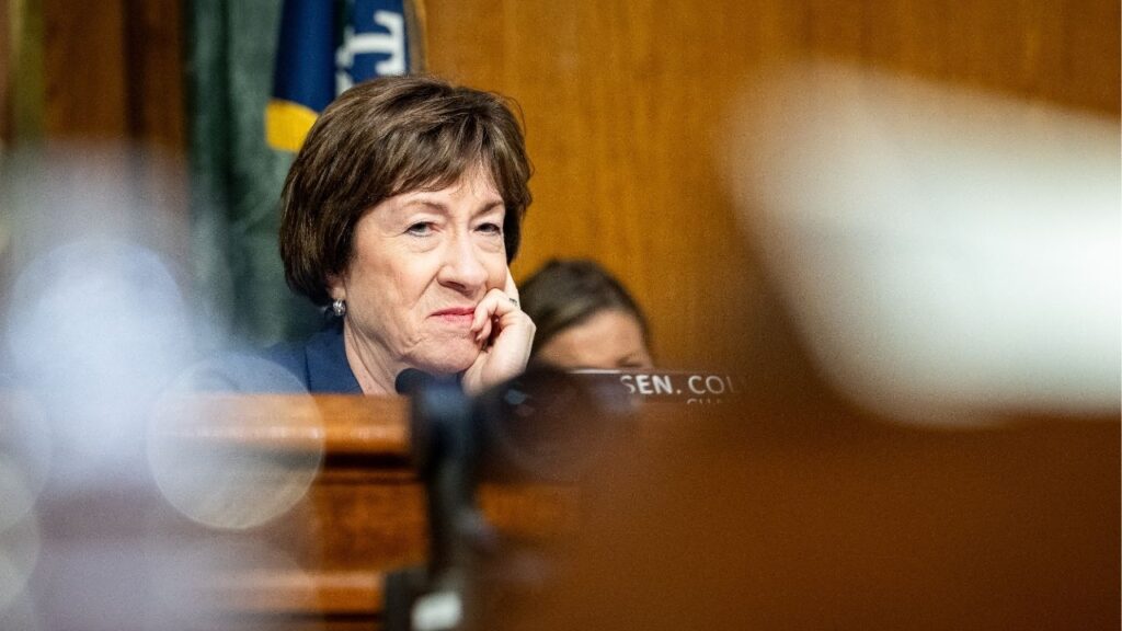 Sen. Susan Collins (R-Maine) during a Senate Appropriations Committee hearing on President Donald Trump’s supplemental funding request on Capitol Hill in Washington, July 21, 2026. Collins, who supports abortion rights, endorsed Brett Kavanaugh’s nomination for the Supreme Court. It has emerged as a major issue in her campaign for re-election. (Haiyun Jiang/The New York Times)