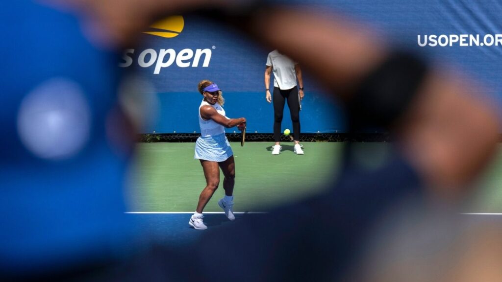 Serena Williams of the United States during a U.S. Open practice session in New York on Tuesday, Aug. 25, 2026. Williams practiced earlier in the day in front of a crowd of fans in the bleachers. (Hiroko Masuike/The New York Times)