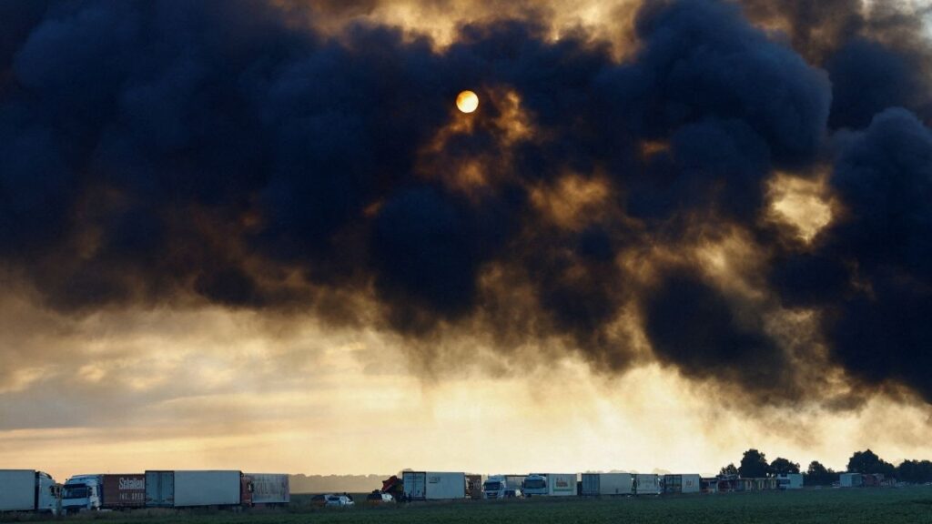 Smoke rises over semi-trucks near a food warehouse, which was hit by a Russian missile strike, amid Russia's attack on Ukraine, in Kyiv region, Ukraine August 20, 2026. REUTERS/Valentyn Ogirenko