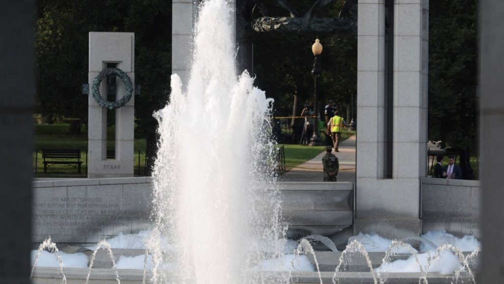 Soap at the pool of the National World War II Memorial after it was reportedly vandalized with soap and graffiti in Washington, D.C., U.S., August 13, 2026. REUTERS/Kylie Cooper