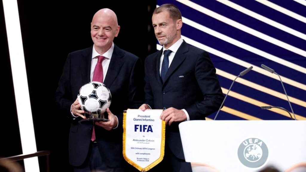 Soccer Football - 50th Ordinary UEFA Congress - Brussels Expo, Brussels, Belgium - February 12, 2026 UEFA president Aleksander Ceferin and FIFA president Gianni Infantino pose for a photograph during the event. (Reuters File)