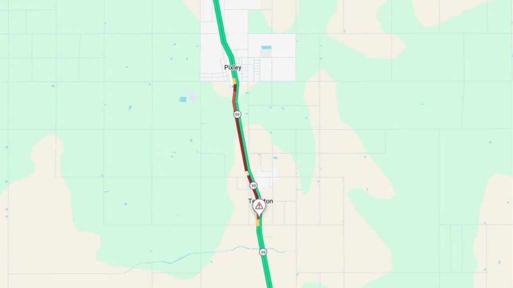 Southbound Highway 99 at Avenue 72 in Tipton is closed after an overturned vehicle, with crews working to clear the roadway and no estimated reopening time available. (Caltrans)