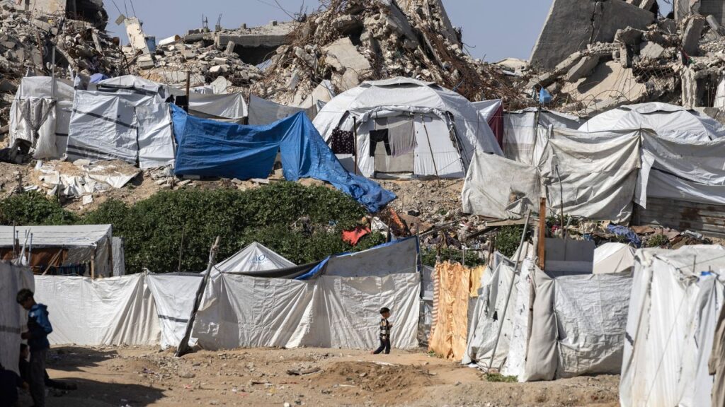 Displaced Palestinians’ tents are among destroyed buildings in the Zeitoun neighborhood of Gaza City on Feb. 12, 2026. The U.S. State Department on Wednesday, Aug. 26, 2026, designated three groups based in Europe, including two that advocate Palestinian rights, as transnational terrorist organizations. (Saher Alghorra/The New York Times)