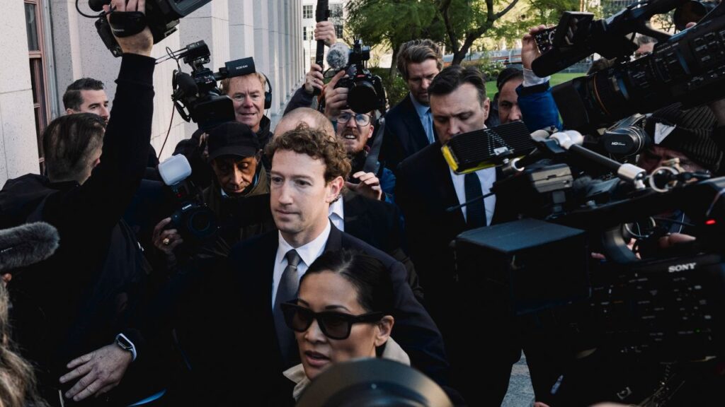 Mark Zuckerberg, Meta’s chief executive, arrives to testify in a tech addiction trial at California Superior Court of Los Angeles County in Los Angeles, Feb. 18, 2026. Meta on Tuesday, Aug. 18, will defend itself in court again over claims it addicted young people to social media, this time in the first bellwether federal trial, brought by states seeking roughly $200 billion in damages. (Mark Abramson/The New York Times)