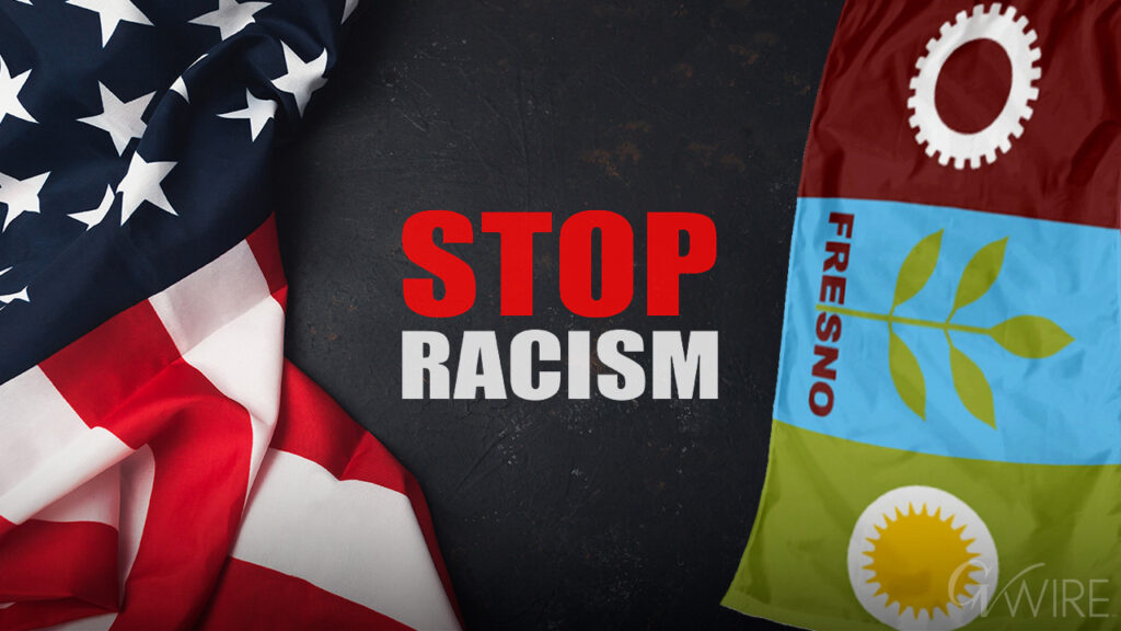 American flag and fresno flag and the words "Stop Racism" in red and white on a dark background