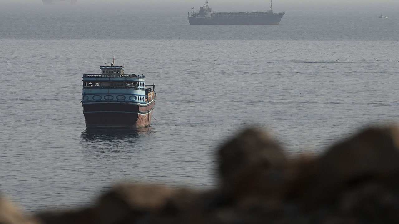 Vessels in the Strait of Hormuz, as seen from Musandam, Oman, August 3, 2026. (Reuters/Stringer)