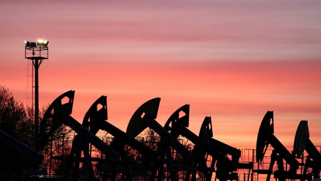 Sunset clouds glow over pump jacks at the Airankol oil field operated by Caspiy Neft in the Atyrau region, Kazakhstan, April 21, 2026. (Reuters/Pavel Mikheyev)