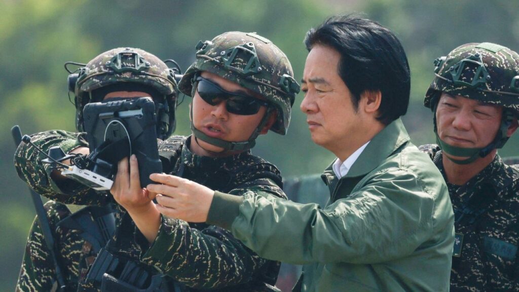 Taiwanese President Lai Ching-te attends a drone demonstration during the annual Han Kuang military exercises at a navy base in Kaohsiung, Taiwan, August 8, 2026. (REUTERS/Ann Wang)