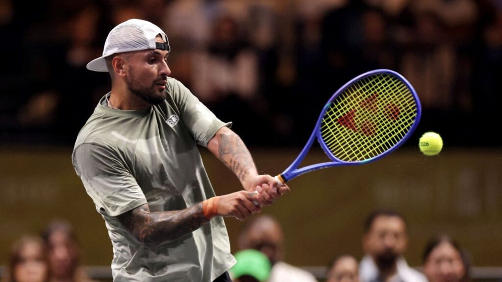 Tennis - 'Battle of the Sexes' - Nick Kyrgios v Aryna Sabalenka - Coca-Cola Arena, Dubai, United Arab Emirates - December 28, 2025 Australia's Nick Kyrgios in action during his match against Belarus' Aryna Sabalenka Christopher Pike/Pool via REUTERS