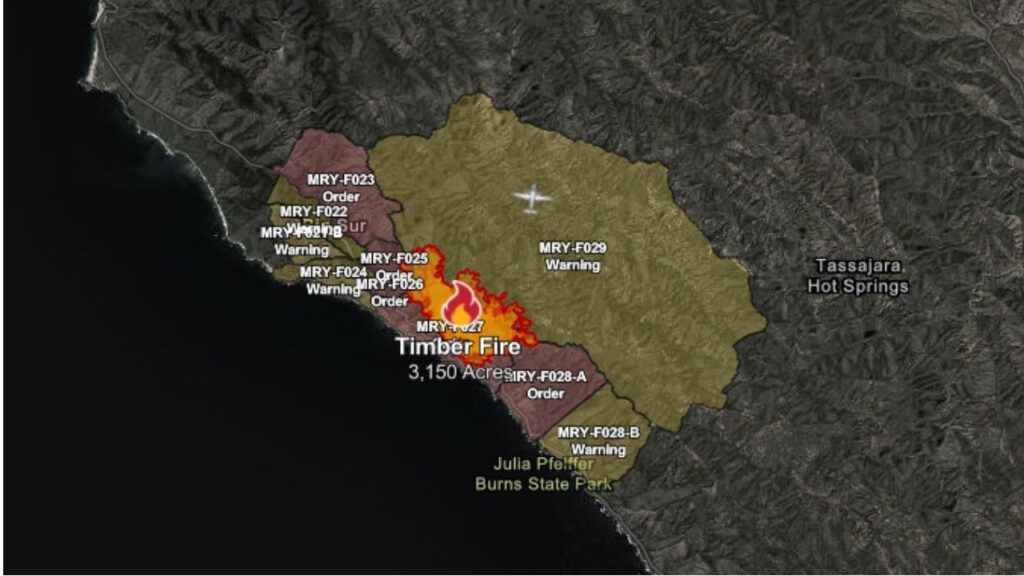The 3,150-acre Timber Fire is 5% contained as firefighters protect 503 threatened structures amid evacuations and challenging weather. (CalFire)