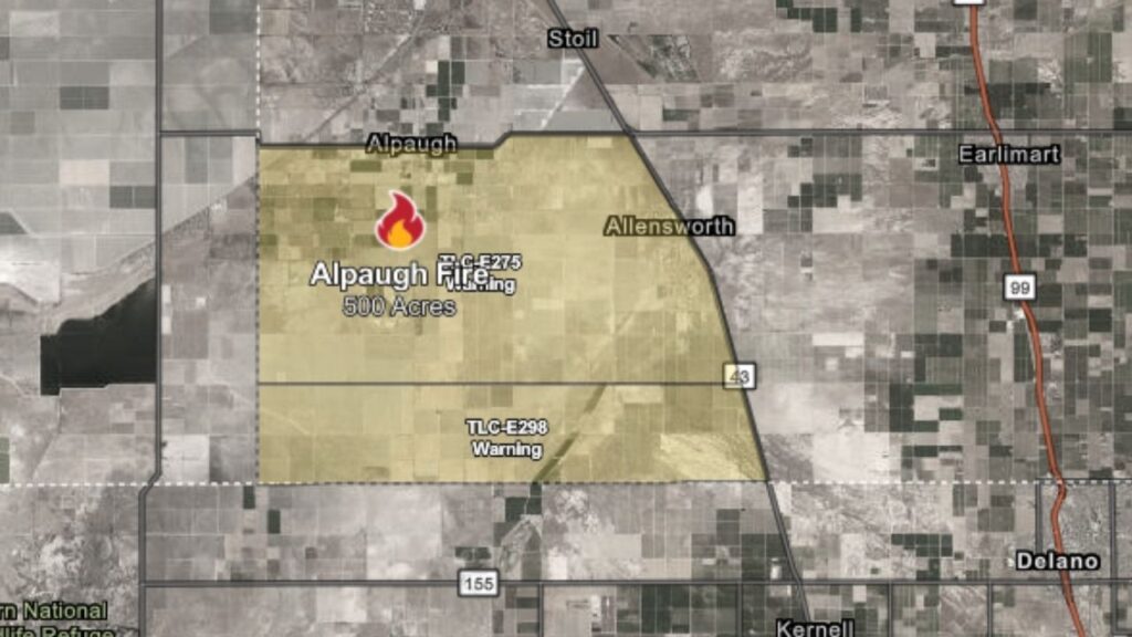 The Alpaugh Fire was burning 500 acres near Avenue 42 and Road 38 in Alpaugh with 0% containment Wednesday afternoon, prompting evacuation warnings for zones TLC-E275 and TLC-E298. (CalFire)