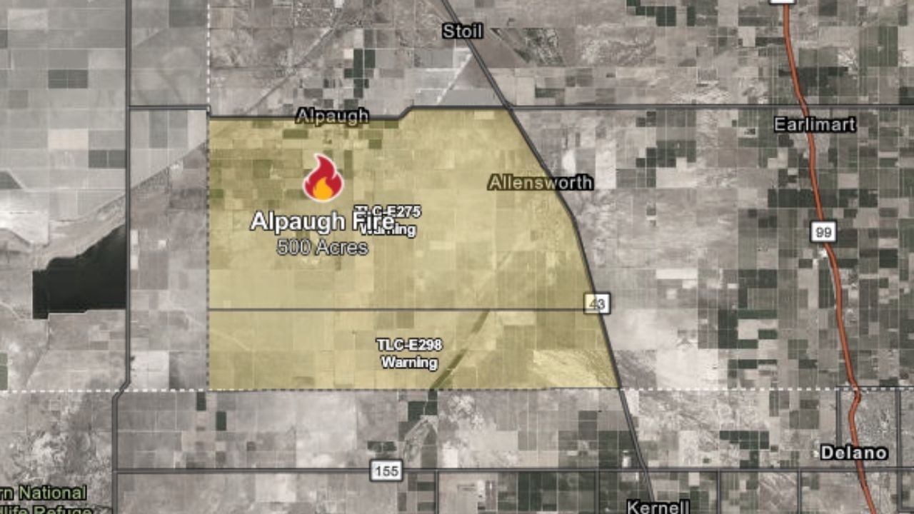 The Alpaugh Fire was burning 500 acres near Avenue 42 and Road 38 in Alpaugh with 0% containment Wednesday afternoon, prompting evacuation warnings for zones TLC-E275 and TLC-E298. (CalFire)