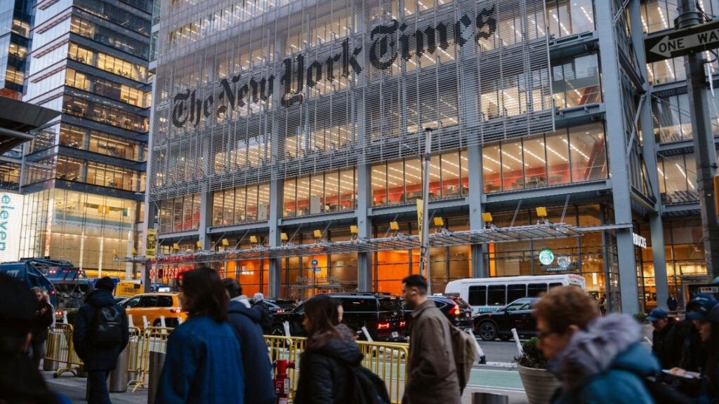 The New York Times building in Manhattan, Nov. 18, 2025. President Donald Trump has argued in a lawsuit that the news organization sought to undermine his 2024 presidential campaign by disparaging his reputation as a businessman. The Times has moved to dismiss the lawsuit. (Lucia Vazquez/The New York Times)
