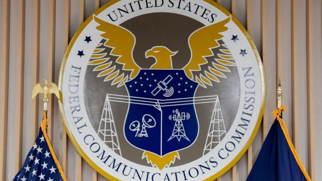 The U.S. Federal Communications Commission (FCC) seal decorates a wall inside their headquarters in Washington, D.C., U.S., July 22, 2026. (Reuters/Kylie Cooper)