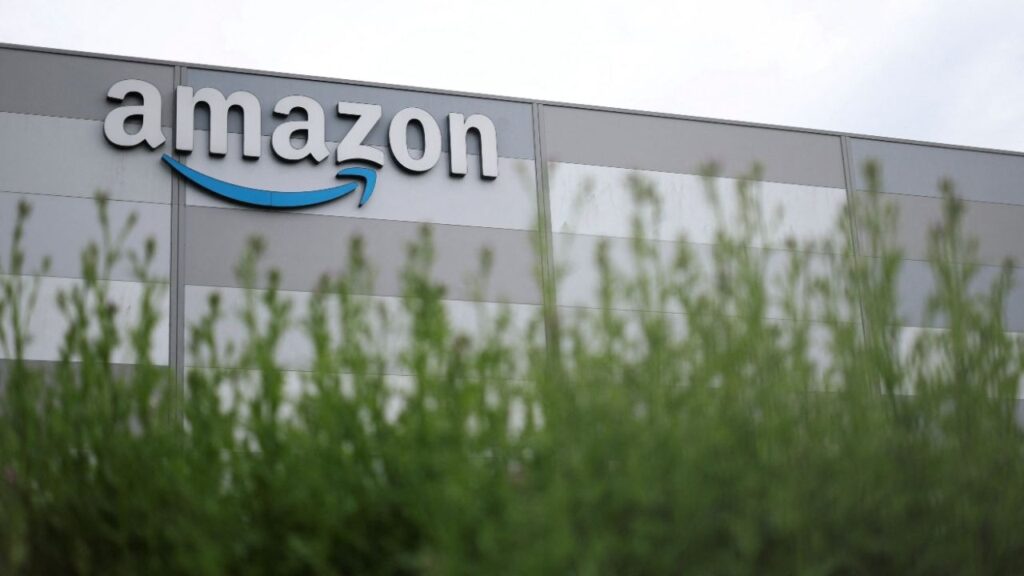 The logo of Amazon is pictured at a company logistics center in Carquefou near Nantes, westren France, May 6, 2026. REUTERS/Stephane Mahe