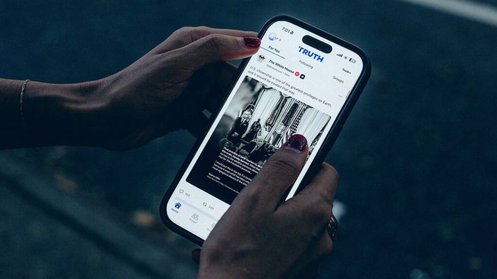 The Truth Social app in New York, Aug. 8, 2025. Last month, the overall number of monthly visitors to Truth Social was down about 36 percent from a year ago. (Amir Hamja/The New York Times)