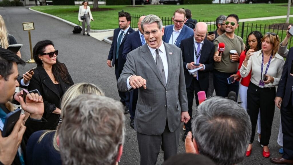 Treasury Secretary Scott Bessent speaks to reporters outside the White House in Washington on Thursday, Aug. 20, 2026. Bessent is expected to detail new economic measures targeting Iran on Monday. (Kenny Holston/The New York Times)