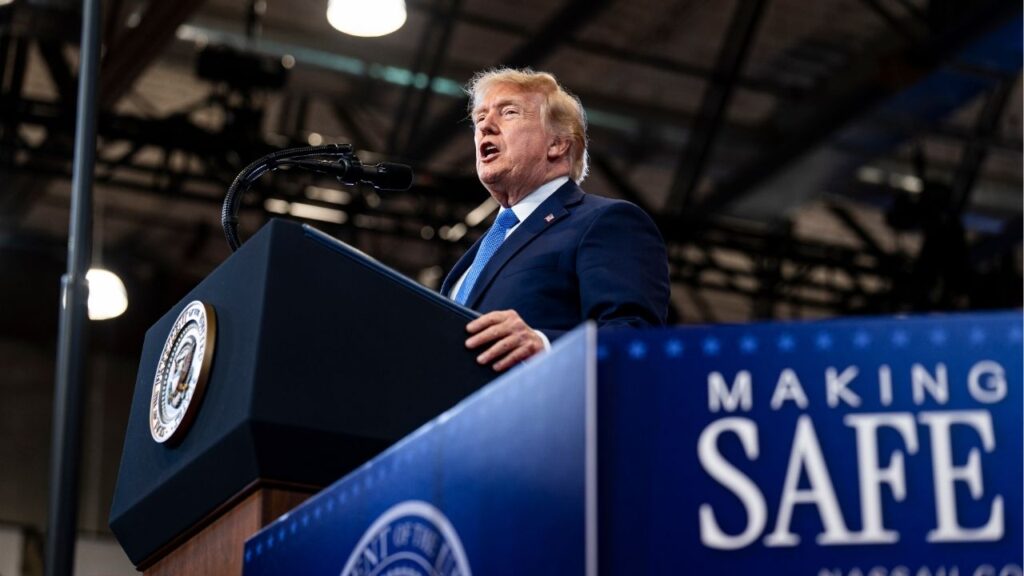 President Donald Trump speaks during an event at the David S. Mack Center for Training and Intelligence in Garden City, N.Y., on Friday, Aug. 14, 2026. With the race for governor seemingly tightening in New York, Trump appeared on Long Island to headline a coordinated Republican effort to bolster the hopes of the party’s candidate, Bruce Blakeman, the Nassau County executive. (Al Drago/The New York Times)