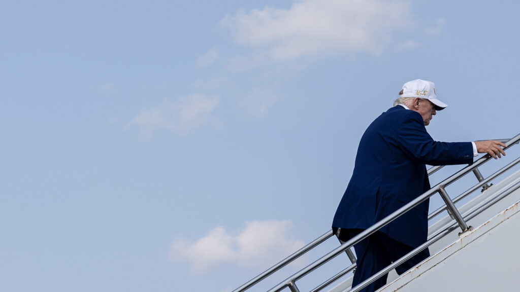 President Donald Trump boards Air Force One at Morristown Municipal Airport, in Morristown, N.J., Aug. 9, 2026. President Trump is eager to declare success in Iran and Gaza, but he is struggling to impose his will in either conflict. (Anna Rose Layden/The New York Times)