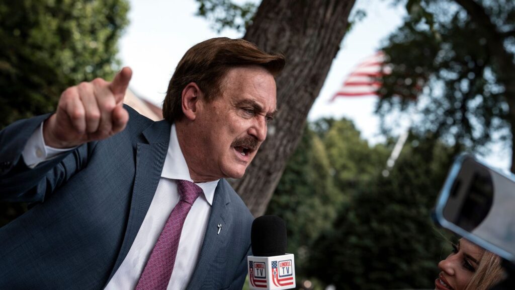 The MyPillow founder Mike Lindell records an episode of his internet show Lindell TV outside the White House on Thursday, July 24, 2025. After his loss in the state’s Republican primary for governor, Lindell, a leading election denier, floated familiar, baseless claims of “anomalies” in his double-digit defeat. (Haiyun Jiang/The New York Times)