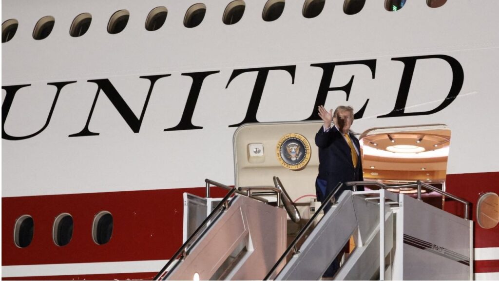 U.S. President Donald Trump boards the new, Qatari-gifted Air Force One after arriving on one of the older planes operating as Air Force One, to return to Washington after his participation in a NATO leaders summit in Turkey, at RAF Mildenhall, in Suffolk, Britain, July 8, 2026. (Reuters File)