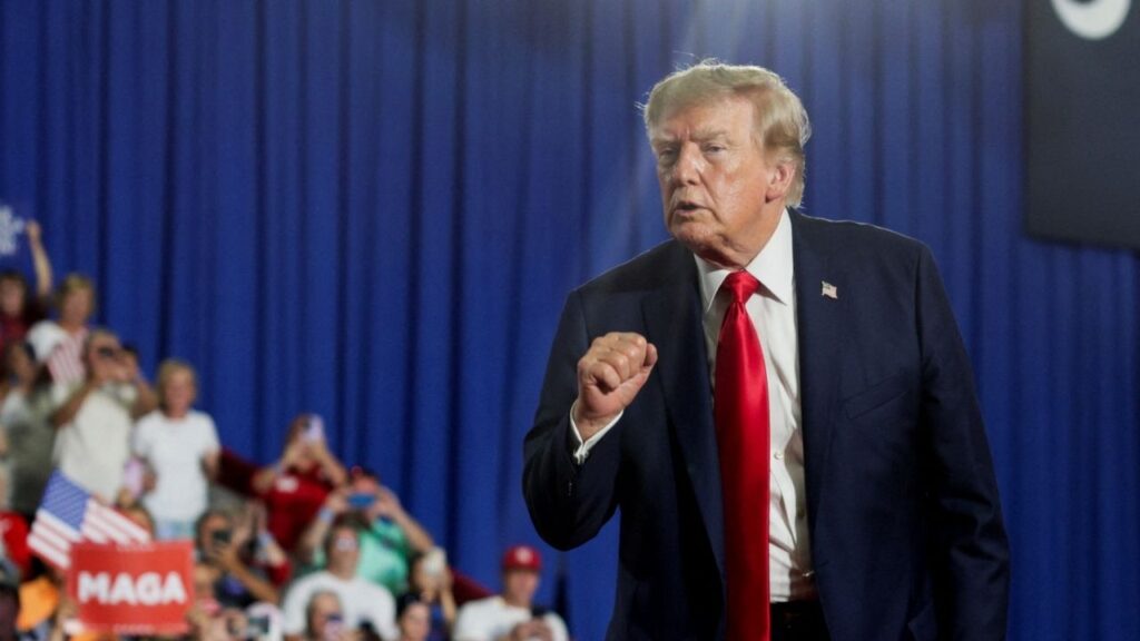 U.S. President Donald Trump reacts during a campaign rally for U.S. Senator Darline Graham (R-SC) at the Myrtle Beach Convention Center in Myrtle Beach, South Carolina, U.S., August 21, 2026. REUTERS/Evan Vucci