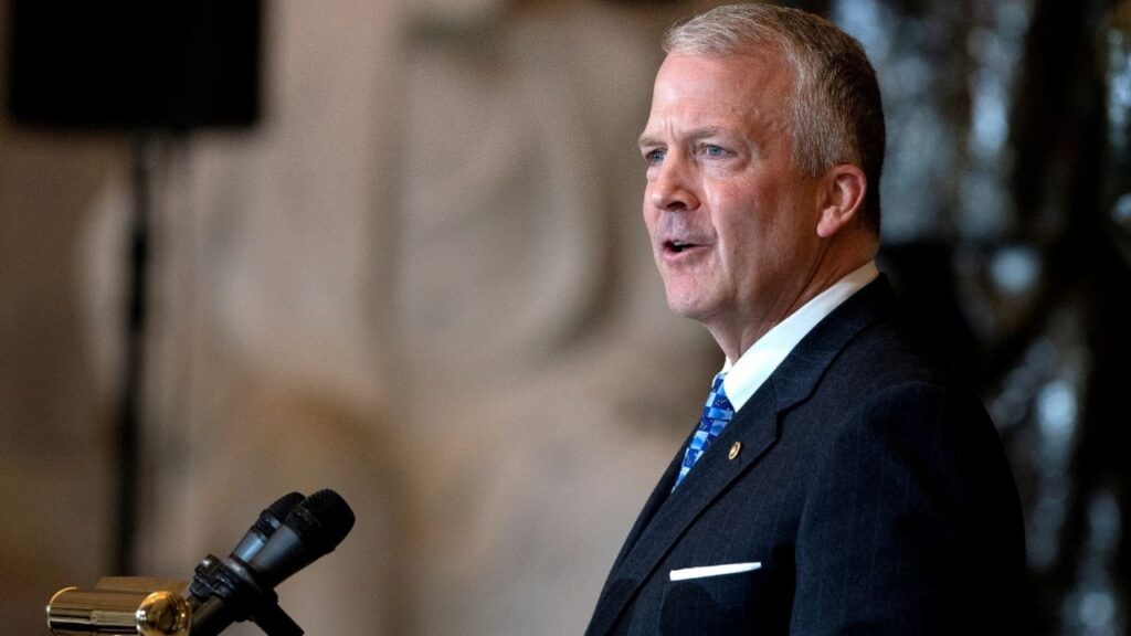 U.S. Sen. Dan Sullivan (R-Alaska) gives a remembrance of Rep. Don Young (R-Alaska) as he lies in state in Statuary Hall at the U.S. Capitol in Washington, DC, U.S., March 29, 2022. (Reuters File)
