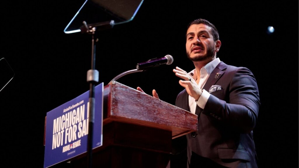 U.S. Senate Democratic candidate Abdul El-Sayed speaks on stage, with vote counting continuing for Michigan's Democratic U.S. Senate primary, during an election night rally in Detroit, Michigan, U.S., August 5, 2026. REUTERS/Rebecca Cook