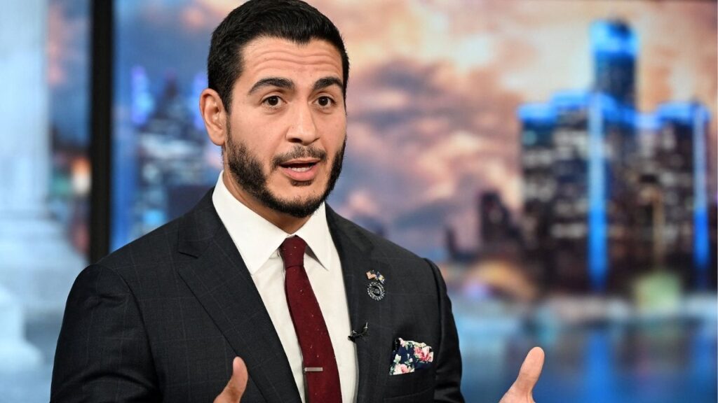 U.S. Senate candidate Abdul El-Sayed (D-MI) speaks during the U.S. Senate debate with U.S. Rep. Haley Stevens moderated by Roop Raj from Fox 2 at Fox 2 Studios in Southfield, Michigan, U.S., July 27, 2026. (Robin Buckson/Pool via Reuters)