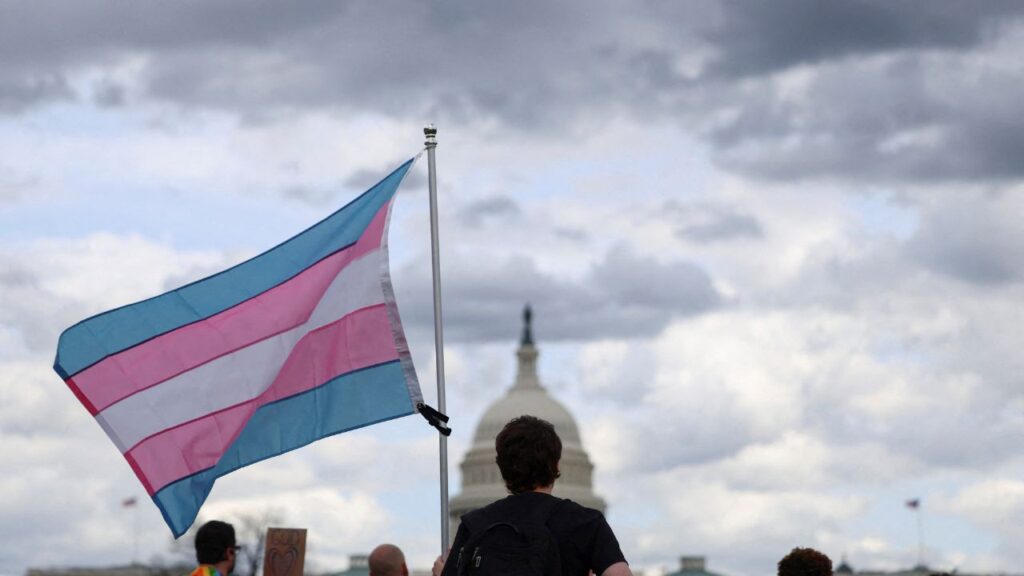 A person holds a flag as the Capitol is seen in the background during a Transgender Day of Visibility rally on the National Mall in Washington, D.C., U.S., March 31, 2025. (REUTERS/Evelyn Hockstein/File Photo)