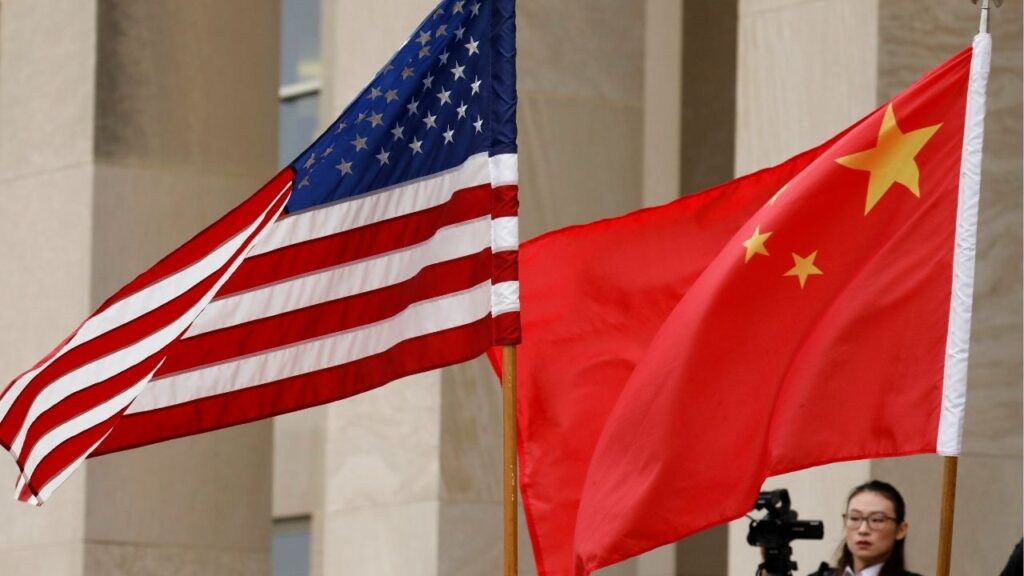 U.S. and Chinese flags are seen before Defense Secretary James Mattis welcomes Chinese Minister of National Defense Gen. Wei Fenghe to the Pentagon in Arlington, Virginia, U.S., November 9, 2018. Reuters/Yuri Gripas/File Photo