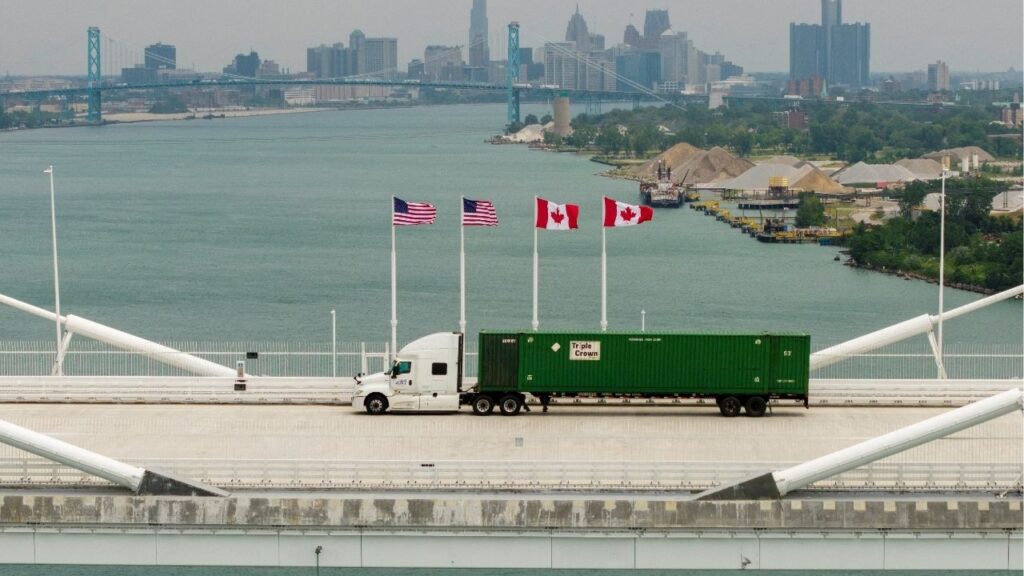A drone view shows a vehicle crossing the $4.7 billion Gordie Howe International Bridge, connecting Windsor, Ontario and Detroit, Michigan, the day after it opened in Windsor, Ontario, Canada, July 28, 2026. Reuters/Carlos Osorio