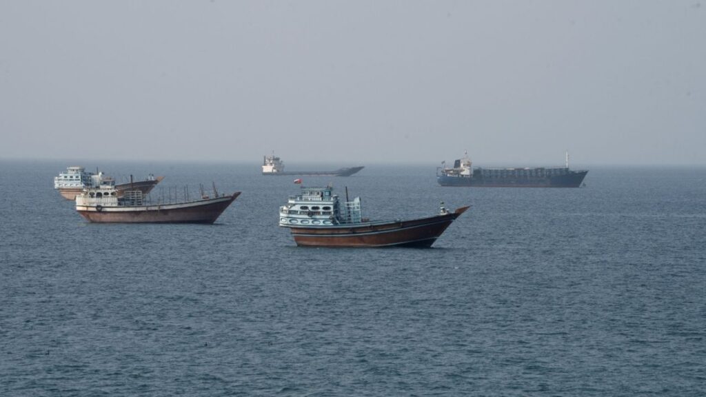 Vessels near the Strait of Hormuz, as seen from Musandam, Oman, August 17, 2026. (Reuters/Stringer)