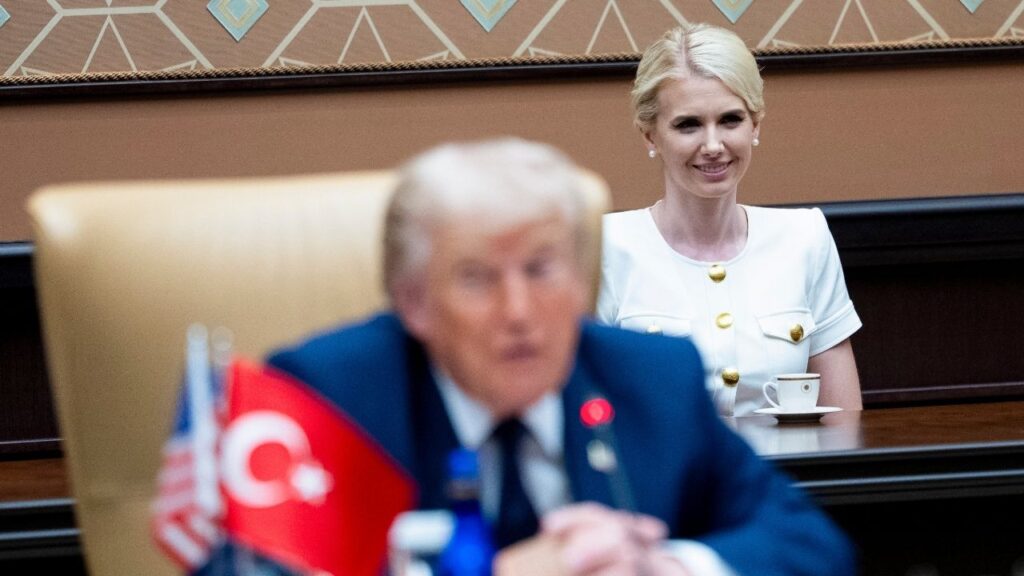 White House aide Natalie Harp looks on as President Donald Trump speaks during an expanded bilateral meeting with President Recep Tayyip Erdogan of Turkey in the presidential compound in Ankara, Turkey, July 7, 2026. Harp became the subject of a political attack line delivered by Jon Ossoff (D-Ga.), who said of the president: “He doesn’t want to do the job. He wants to build his ballroom and travel with Natalie on their apparently defenseless flying palace gifted by the emir of Qatar.” (Doug Mills/The New York Times)