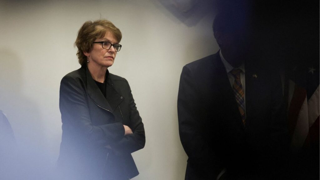Brown University President Christina Paxson listens during a press conference as the manhunt continues for the gunman, following a shooting at Brown University in Providence, Rhode Island, U.S. December 16, 2025. (Reuters File)