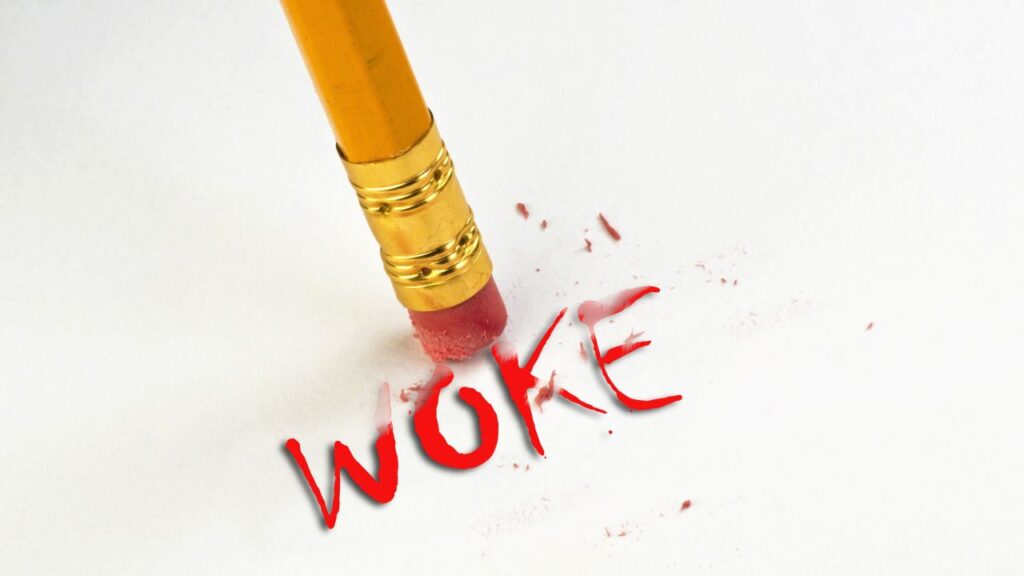 A red eraser on the tip of a yellow pencil beginning to erase the word "woke," which is written in red